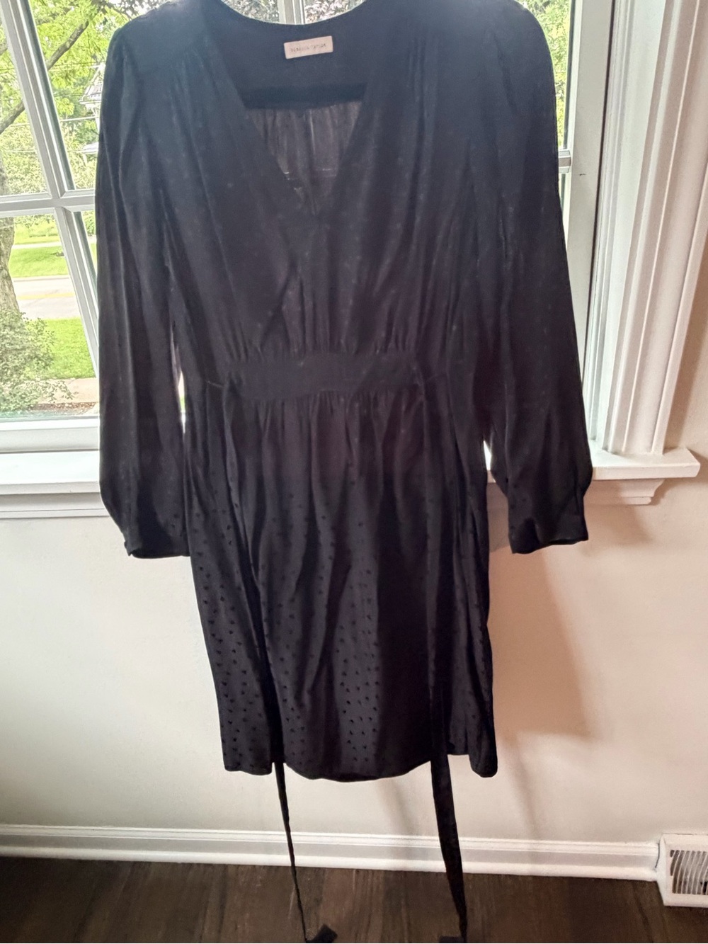 Rebecca Taylor Black V-Neck Long Sleeve Dress with Waist Tie